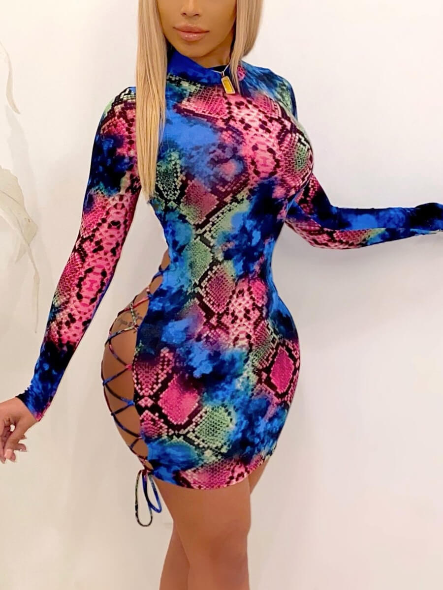 

Lovely Sexy Snake Print Hollow-out Multicolor Mini Dress, Multi
