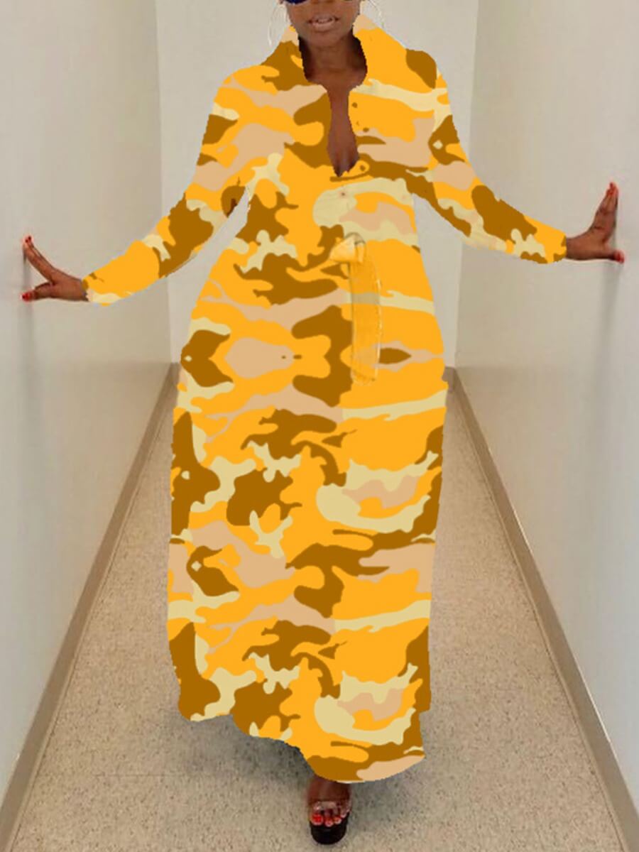 

Lovely Casual Turndown Collar Camo Print Yellow Maxi Plus Size Dress, Yellow camouflage