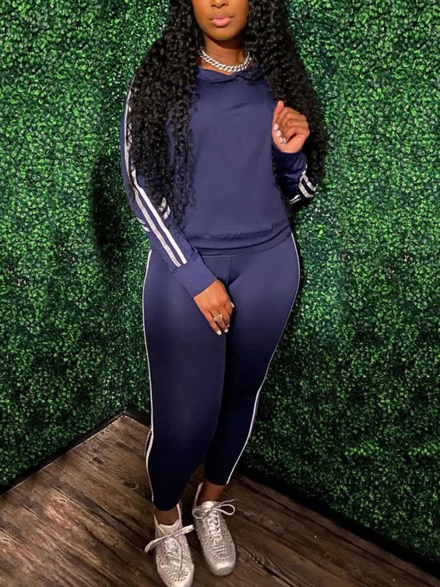 

Lovely Sportswear Hooded Collar Striped Blue Two Piece Pants Set