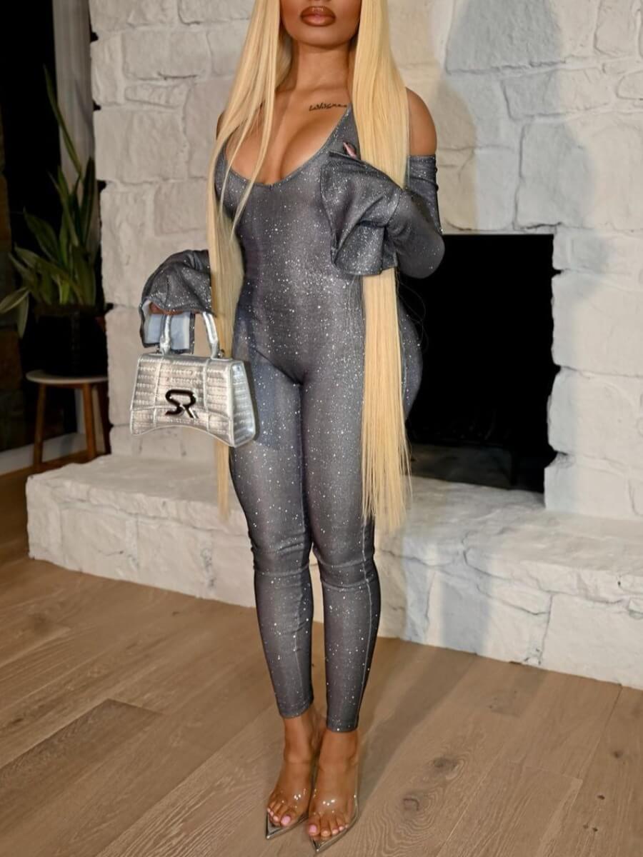 

Lovely Sexy Hollow-out Flared Sequined Grey One-piece Jumpsuit