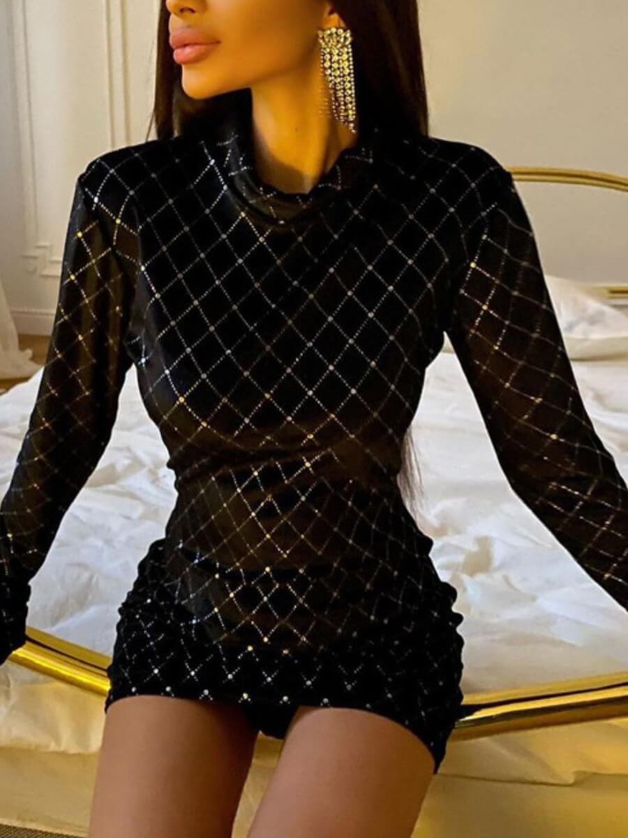 

Lovely Chic Half A Turtleneck Geometric Print Black Mini Dress