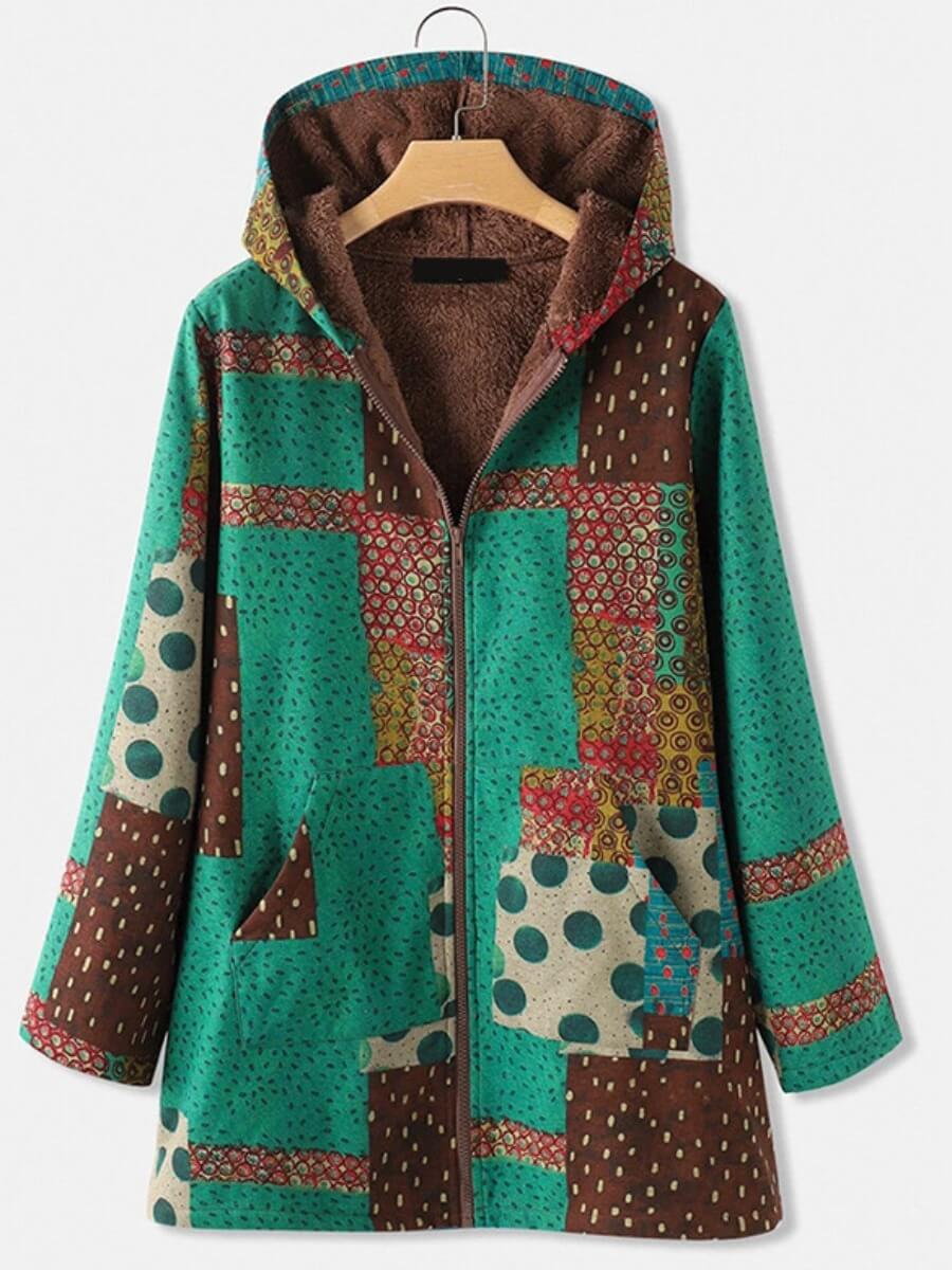 

Lovely Casual Hooded Collar Print Patchwork Green Coat