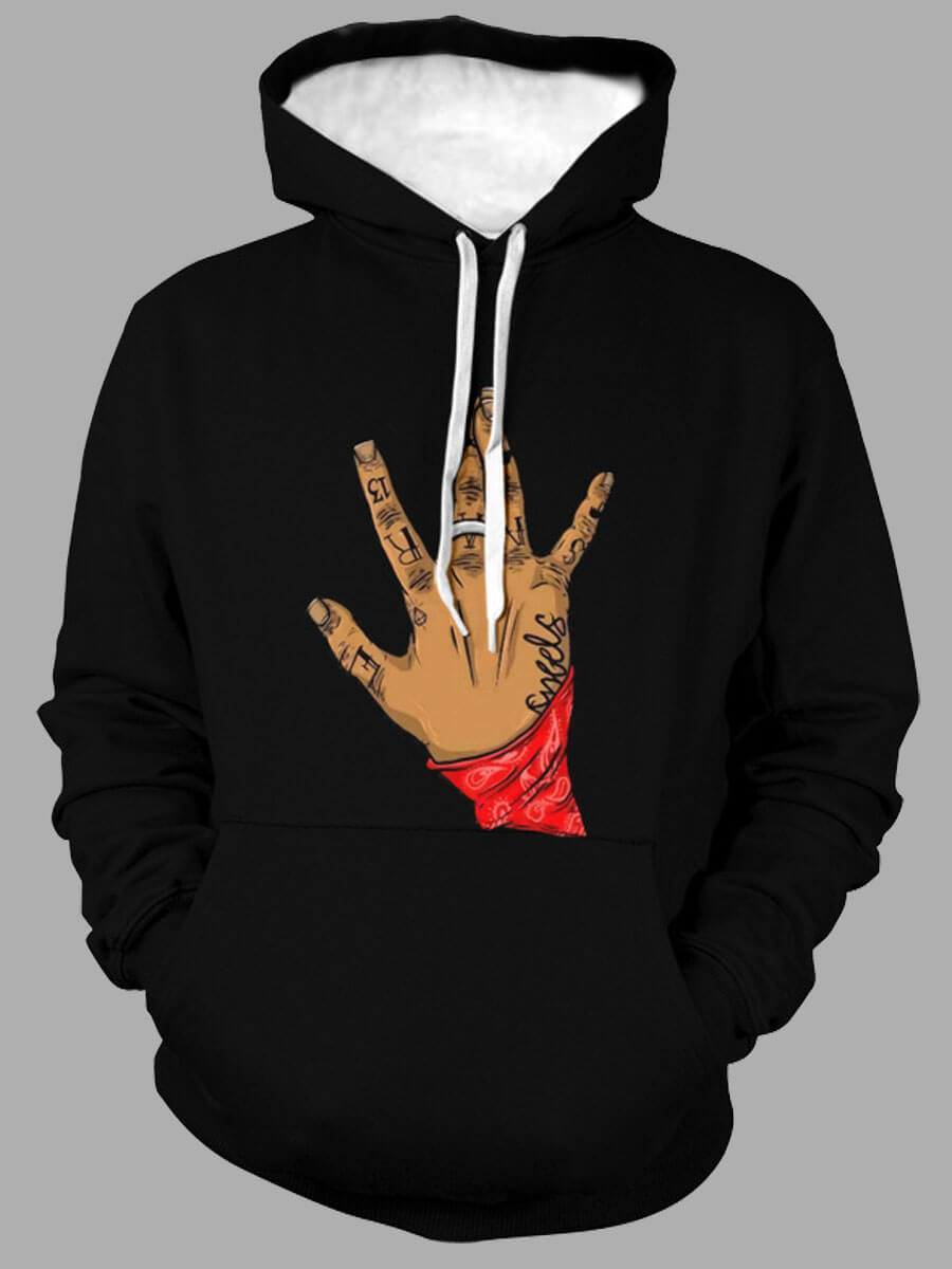

Lovely Casual Hand Print Kangaroo Pocket Black Men Hoodie