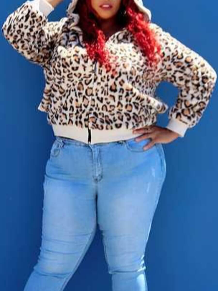 

Lovely Casual Hooded Collar Leopard Print Patchwork Plus Size Hoodie