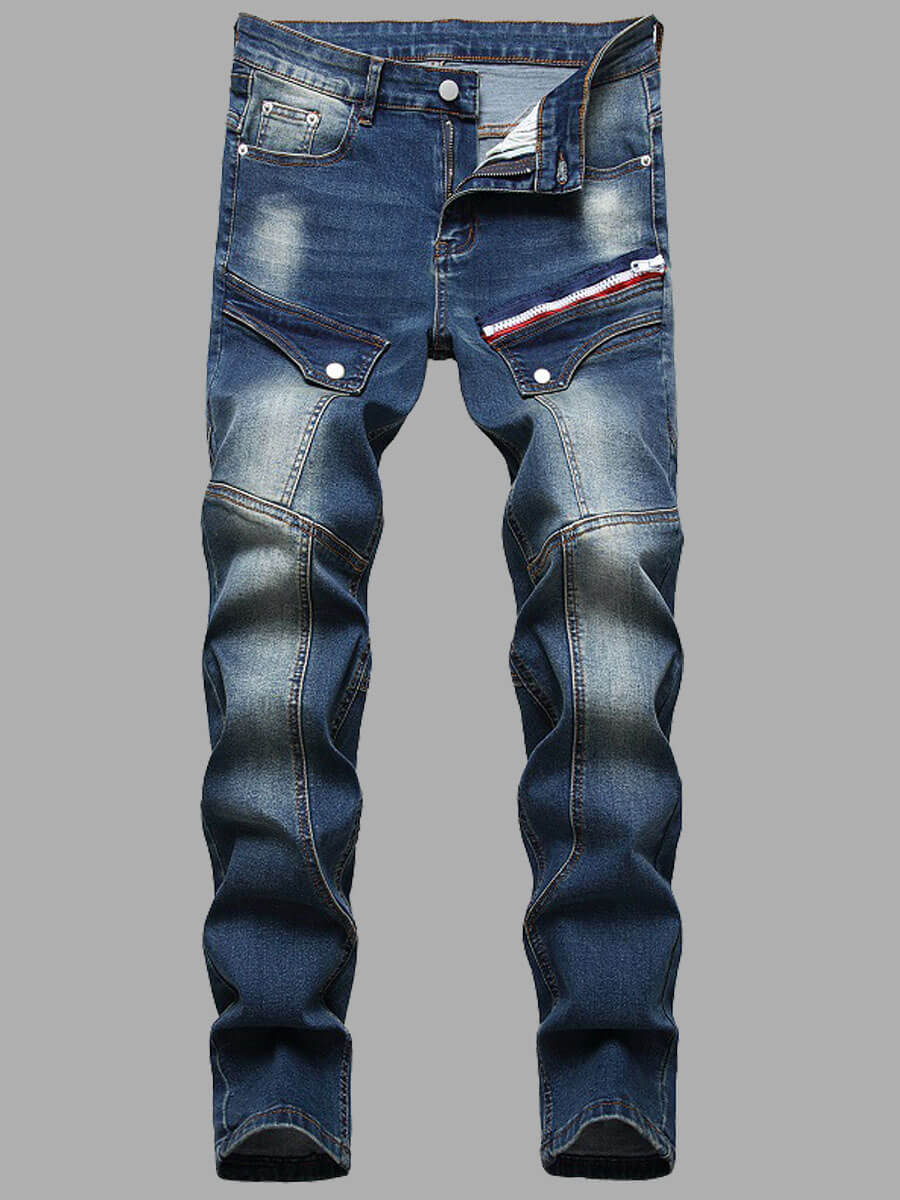 

LW Men Casual Denim Button Design Gradient Print Jeans, Blue