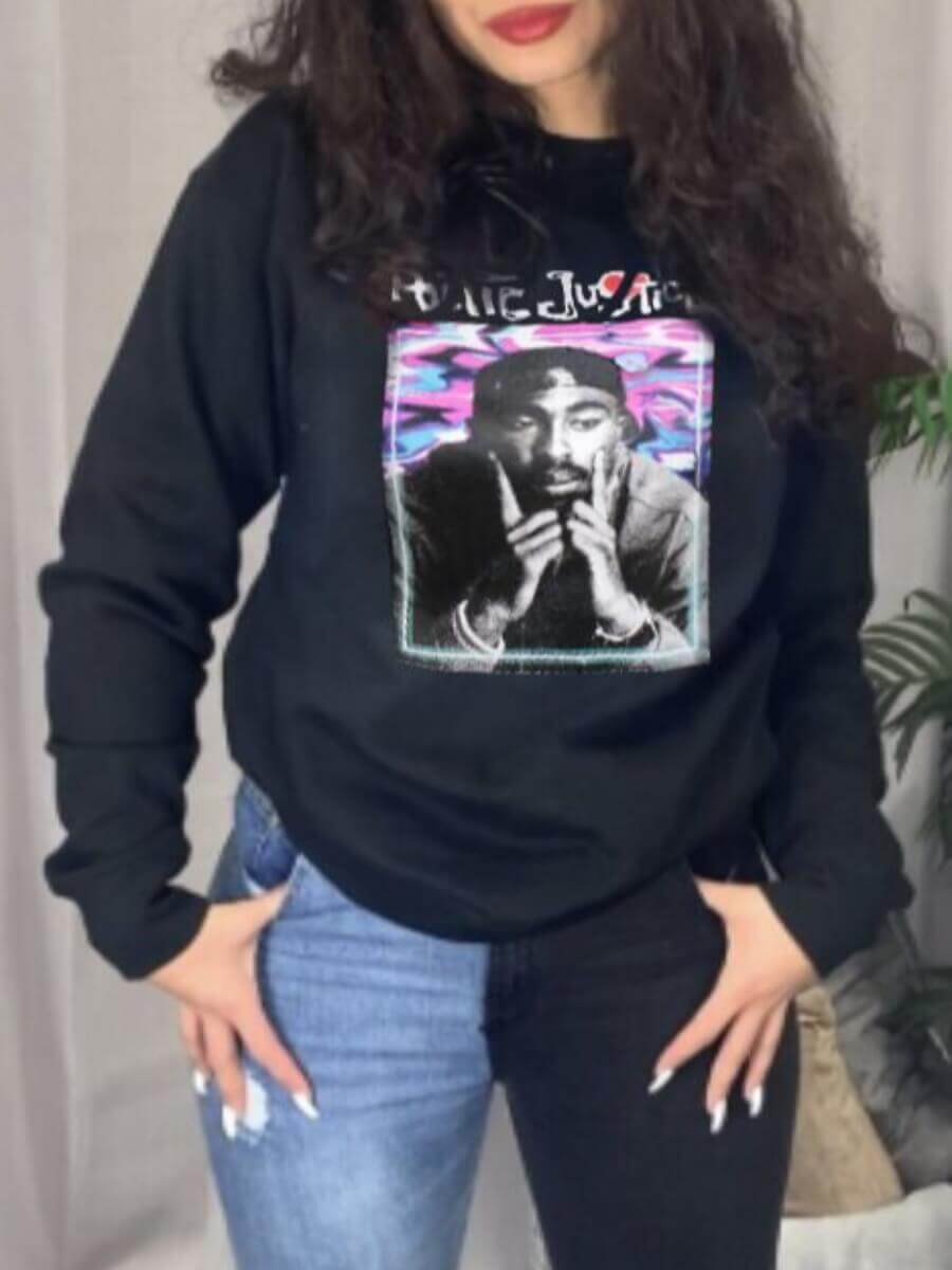 

Lovely Casual Portrait Print Patchwork Black Hoodie