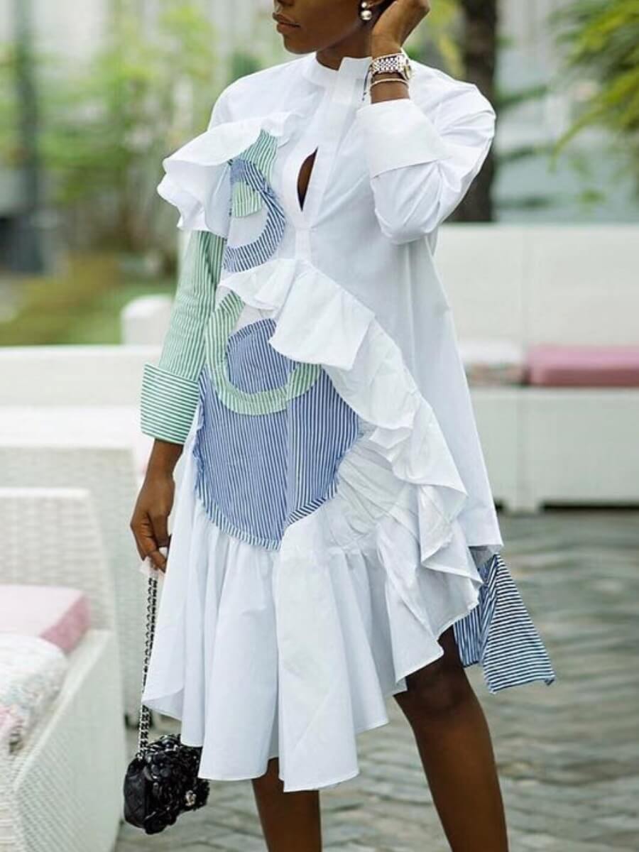 

Lovely Stylish Asymmetrical Flounce Design Patchwork White Knee Length Shirt Dress