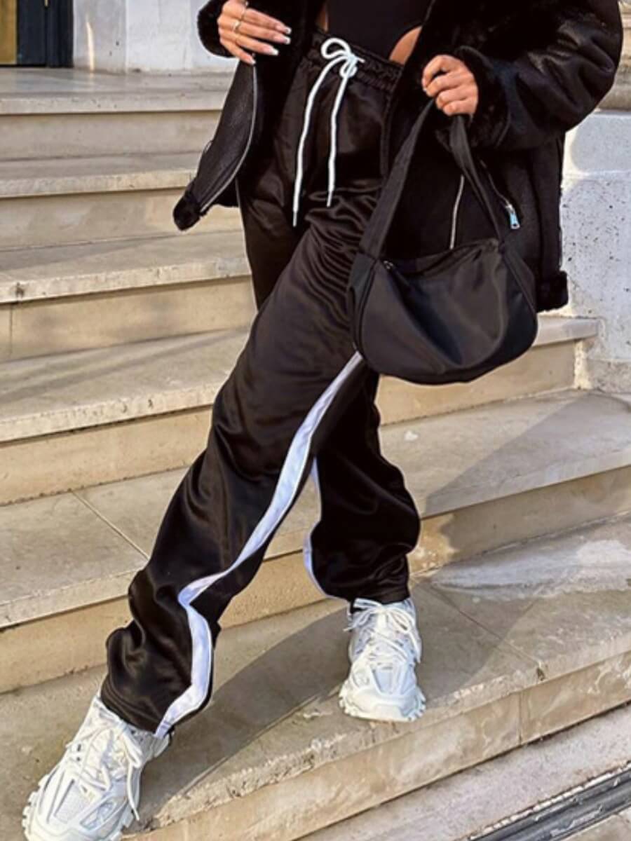 

Lovely Sportswear Striped Drawstring Black Pants
