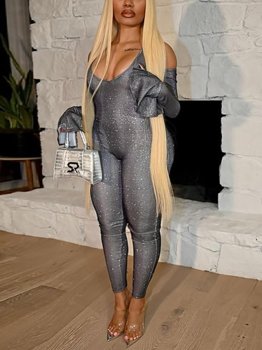 

Lovely Street Flared Hollow-out Sequined Grey Plus Size One-piece Jumpsuit