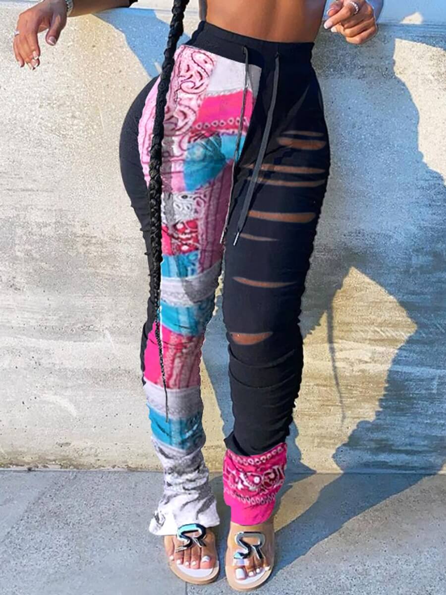 

Lovely Street Fold Design Ripped Patchwork Black Pants