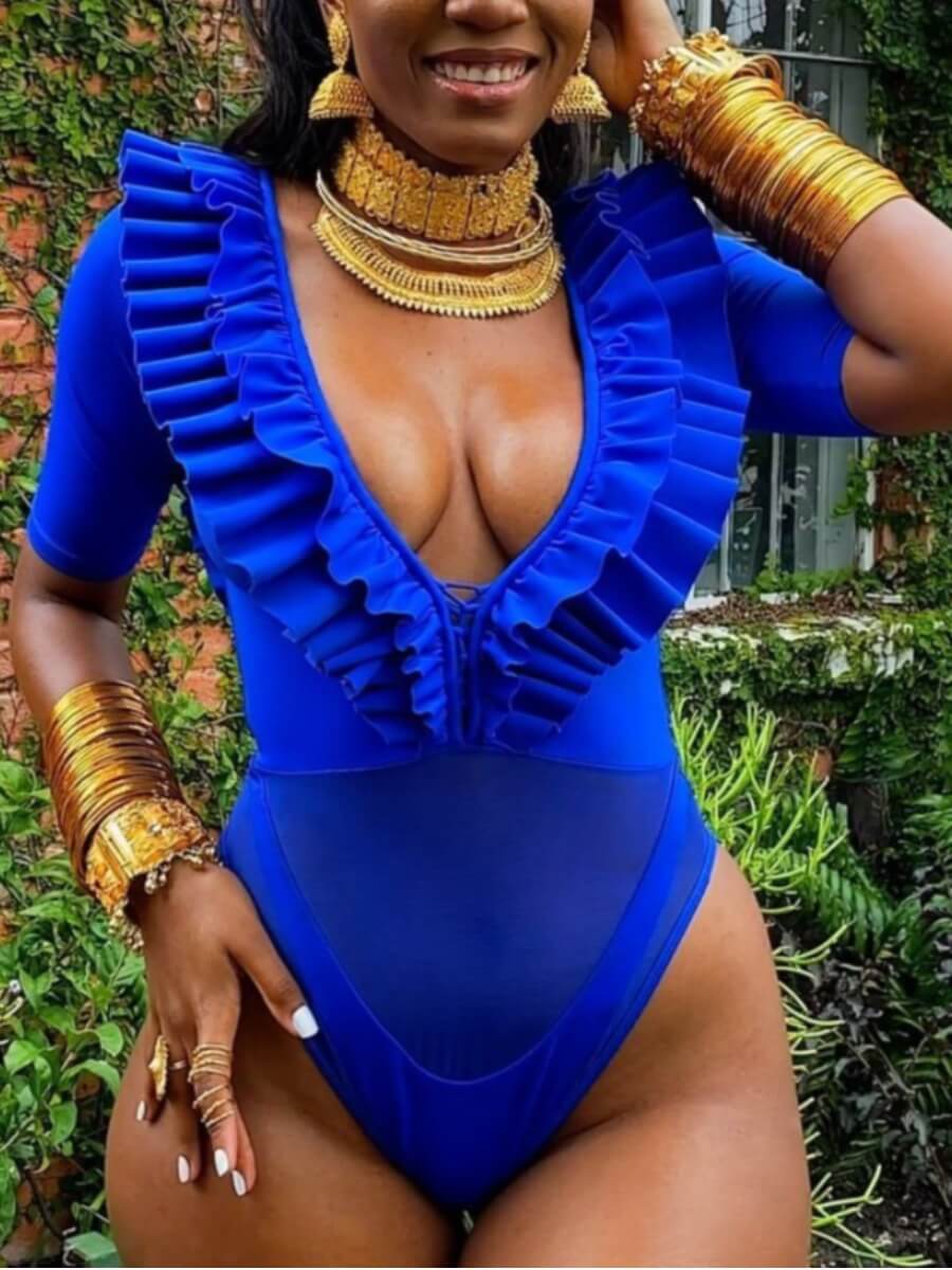 

LW Casual See-through Flounce Design Blue One-piece Swimsuit