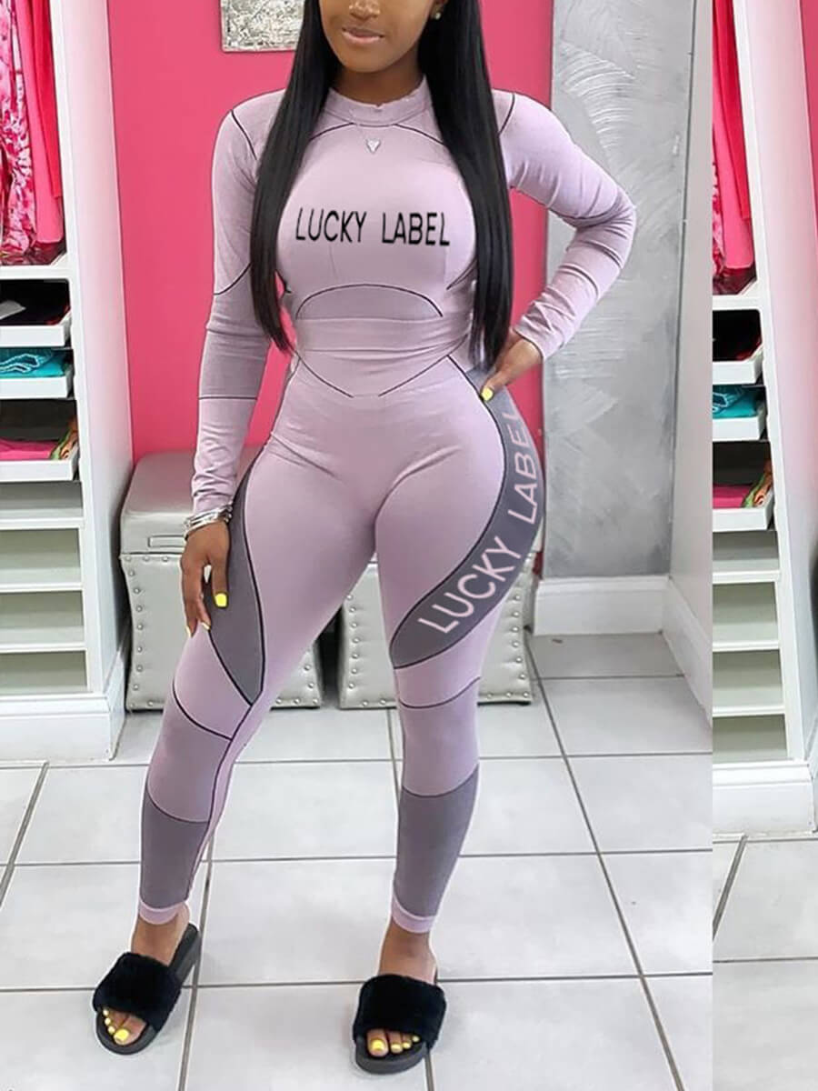 

Lovely Sportswear Letter Print Patchwork Purple Two Piece Pants Set