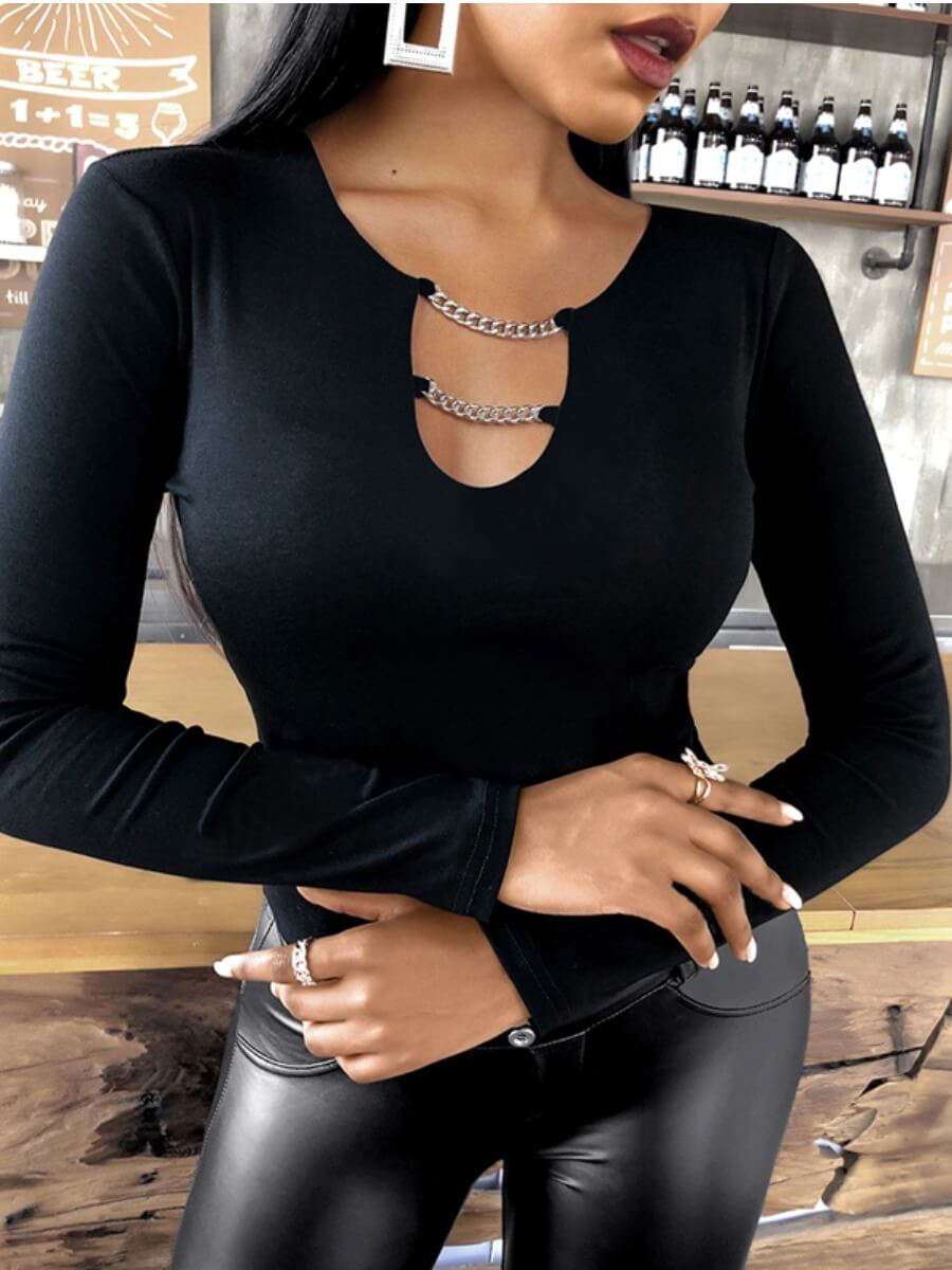 

Lovely Chic Metal Accessories Decoration Hollow-out Carbon Black T-shirt
