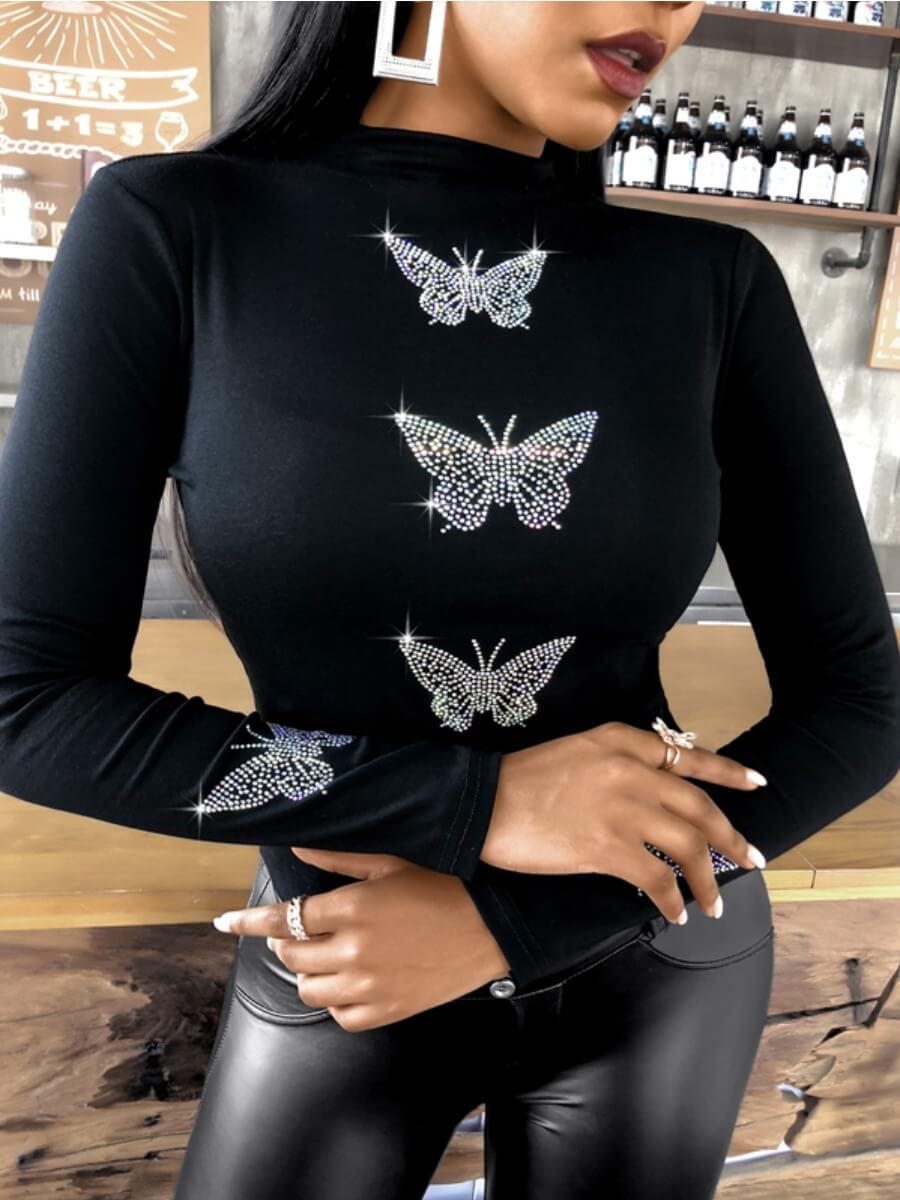

Lovely Chic Sequined Butterfly Decoration Black T-shirt