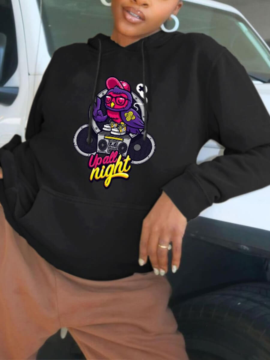 

Lovely Casual Cartoon Print Kangaroo Pocket Black Plus Size Hoodie