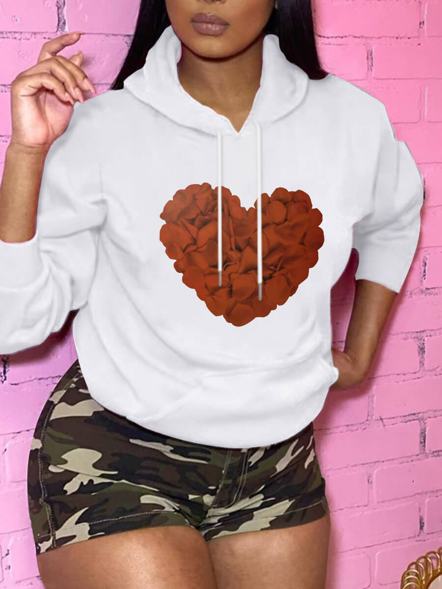 

Lovely Trendy Hooded Collar Heart-shaped Print White Hoodie