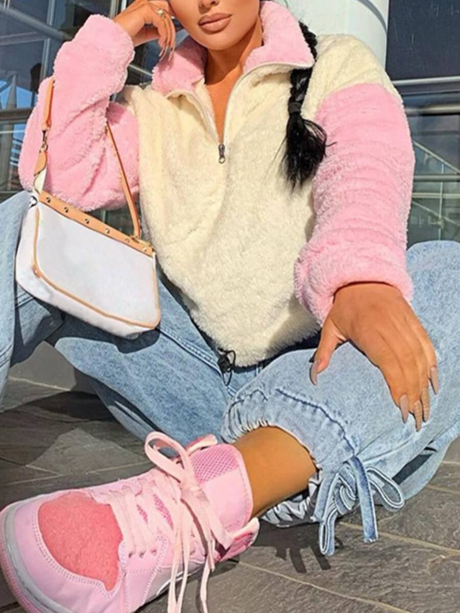 

Lovely Casual Turndown Collar Color-lump Patchwork Pink Sweatshirt