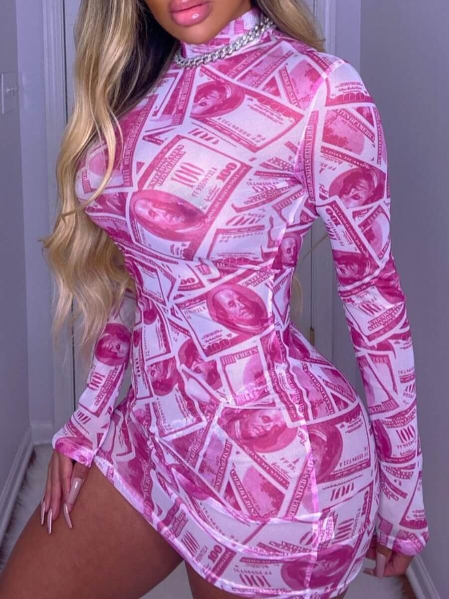 

LW Street Money Print Patchwork Pink Mini Dress