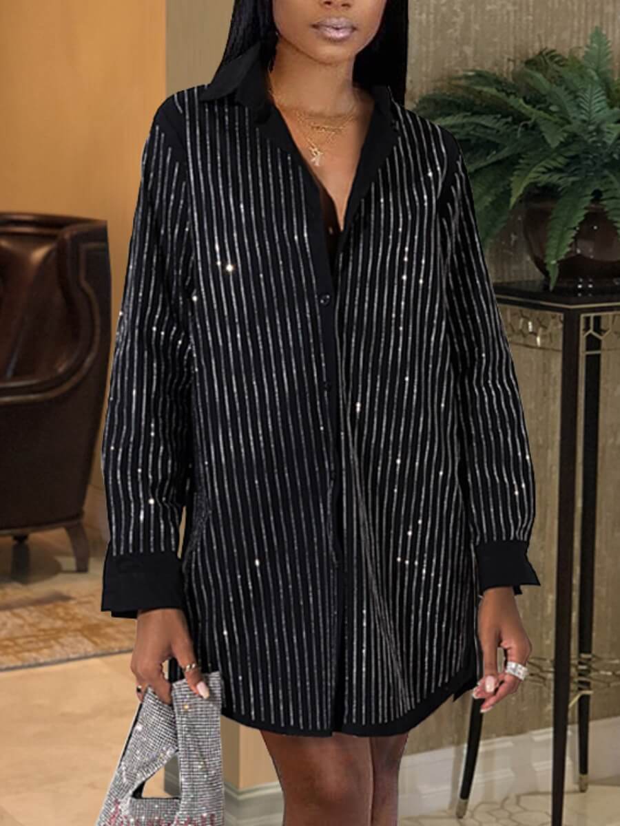 

Lovely Casual Sequined Striped Patchwork Black Knee Length Shirt Dress