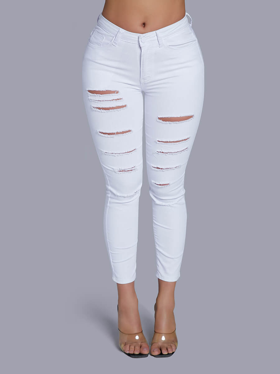 

Lovely Casual Broken Hole Skinny White Pants