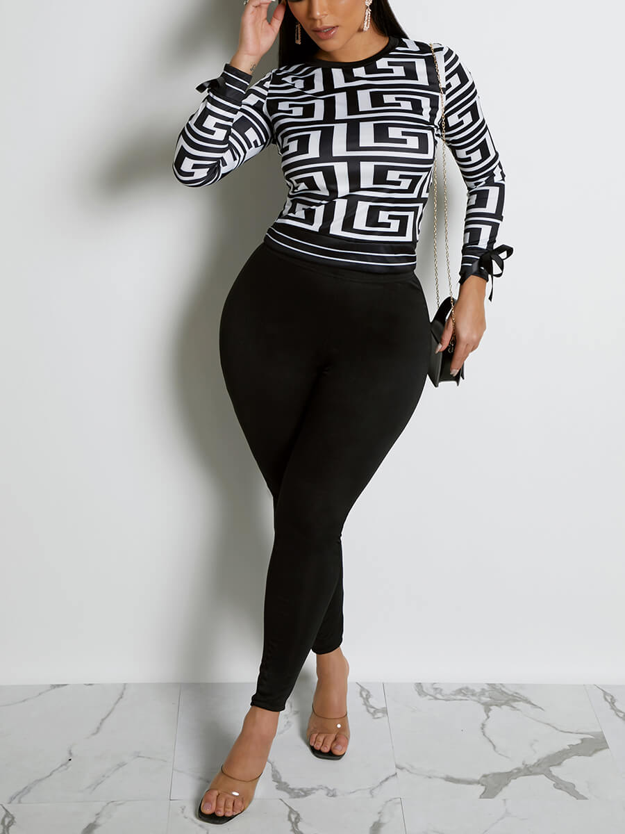 

Lovely Casual O Neck Geometric Print Black Two Piece Pants Set