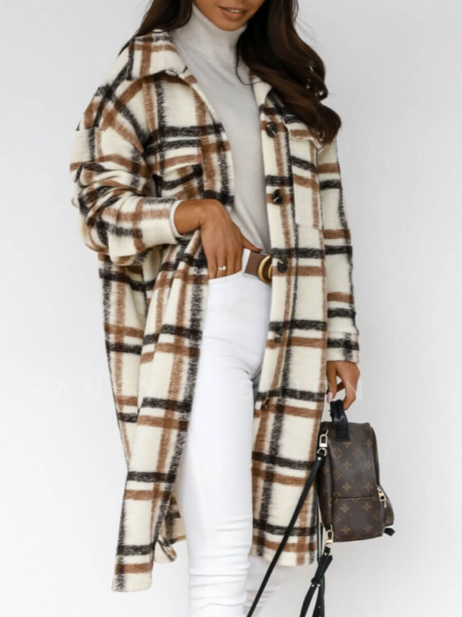 

Lovely Street Plaid Print Pocket Design Brown Woolen Coat