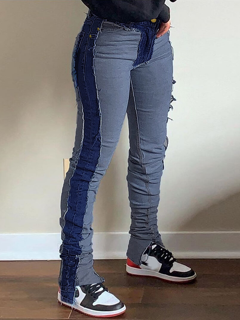 

Lovely Street Patchwork Skinny Deep Blue Jeans
