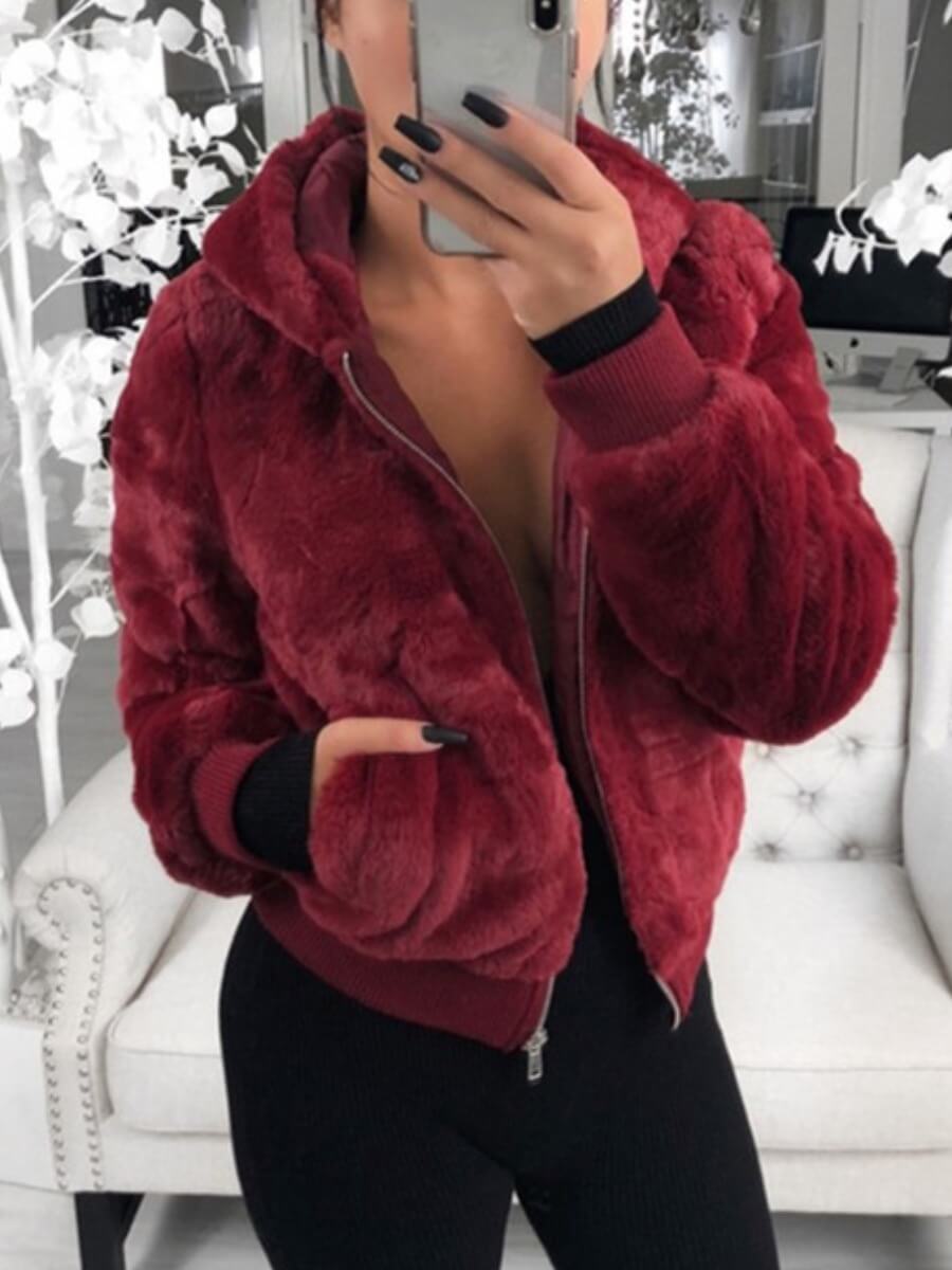 

Lovely Casual Hooded Collar Pocket Design Wine Red Faux Fur