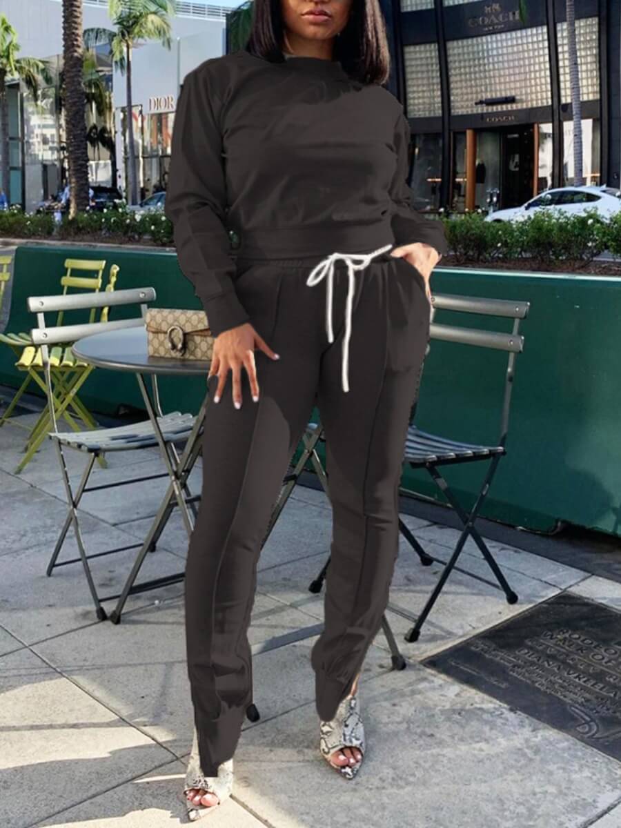 

Lovely Casual O Neck Slit Drawstring Design Black Two Piece Pants Set