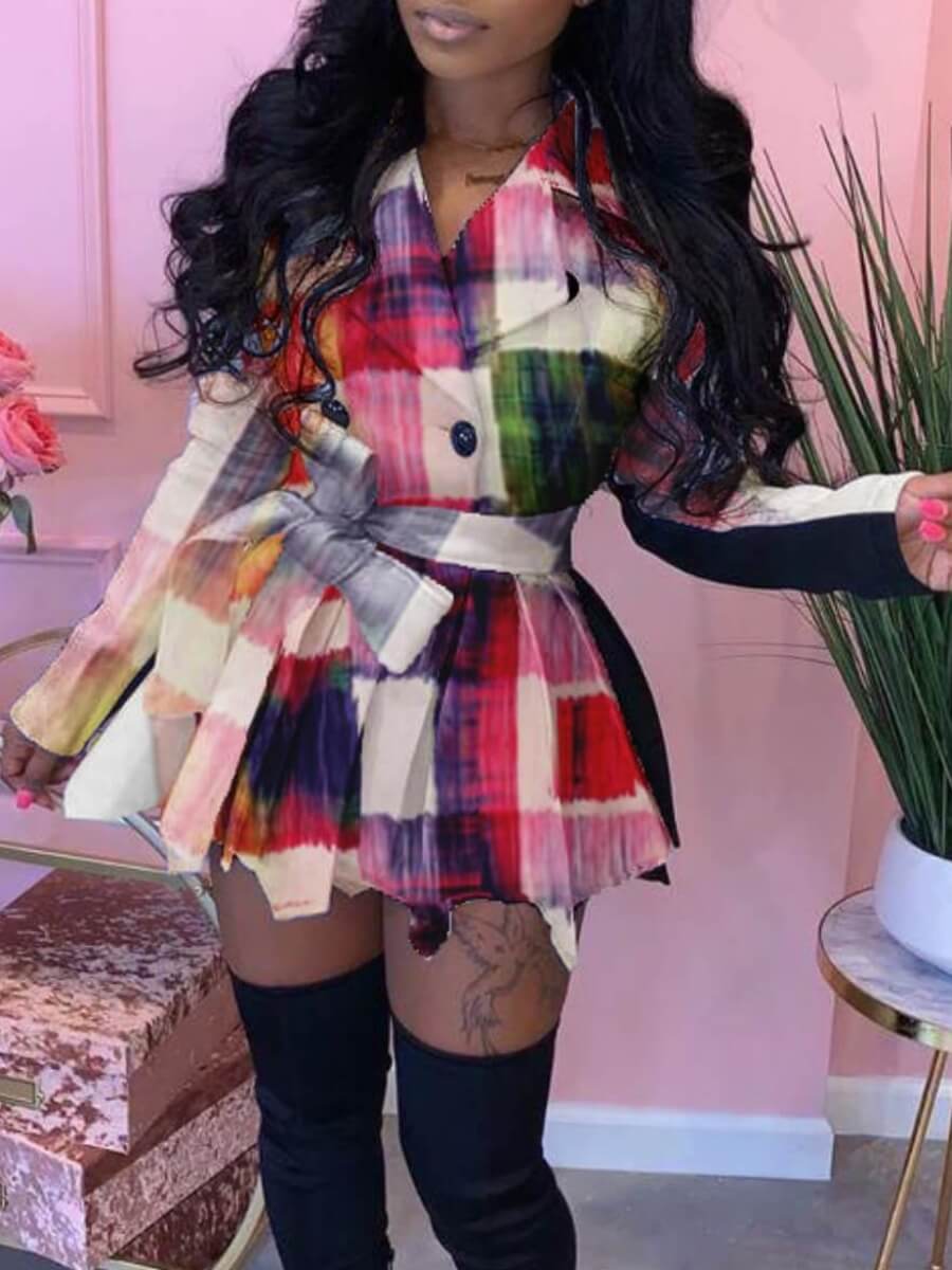 

Lovely Street Lace-up Plaid Print Patchwork Red Coat