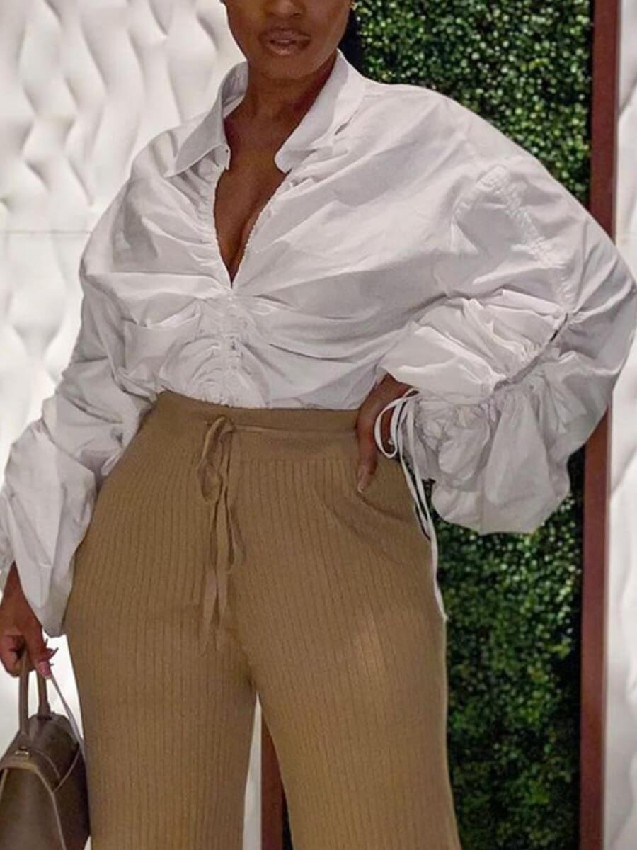 

Lovely Stylish Drawstring Fold Design Loose White Blouse