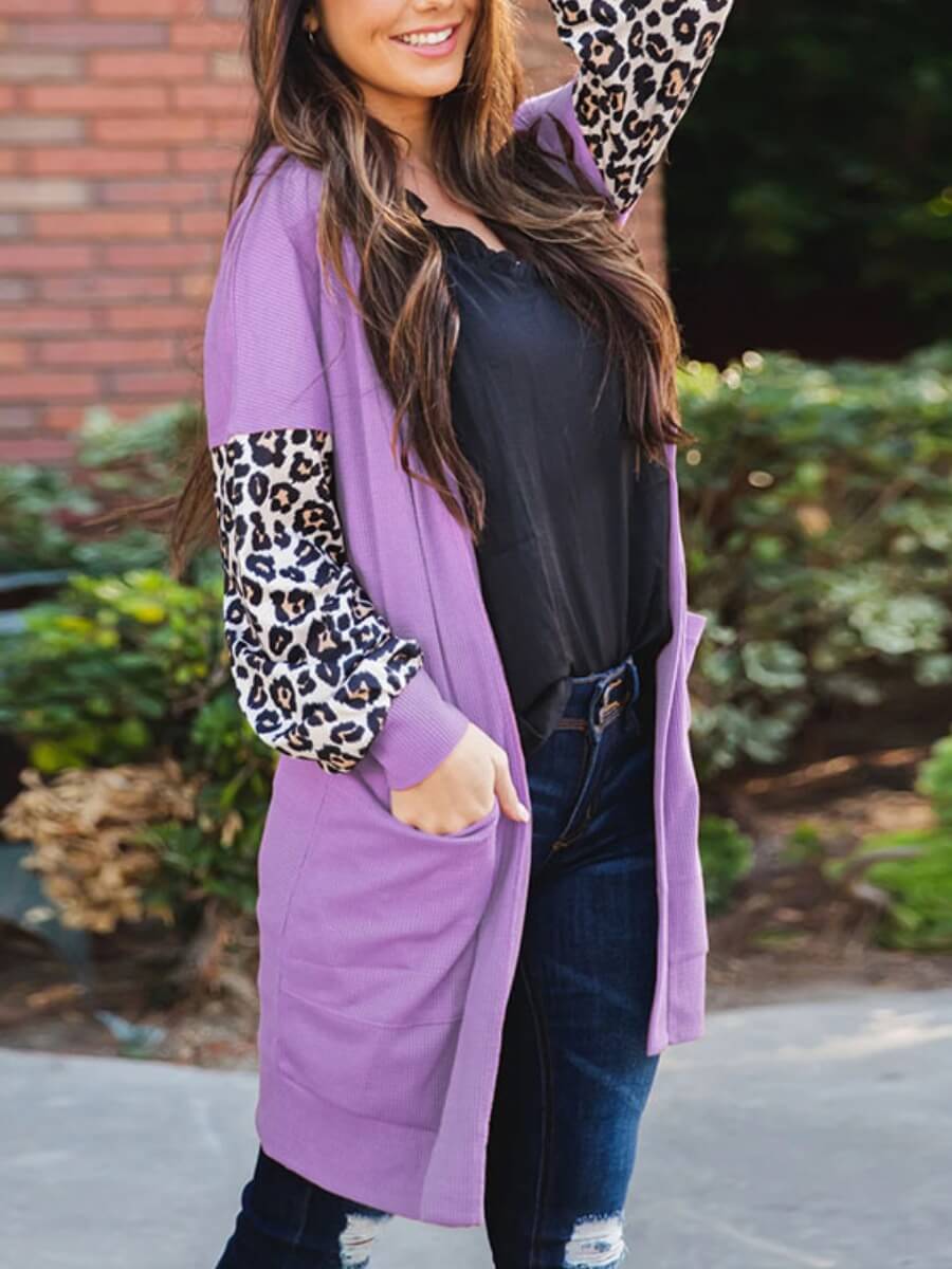 

Lovely Casual Leopard Print Pocket Design Purple Coat