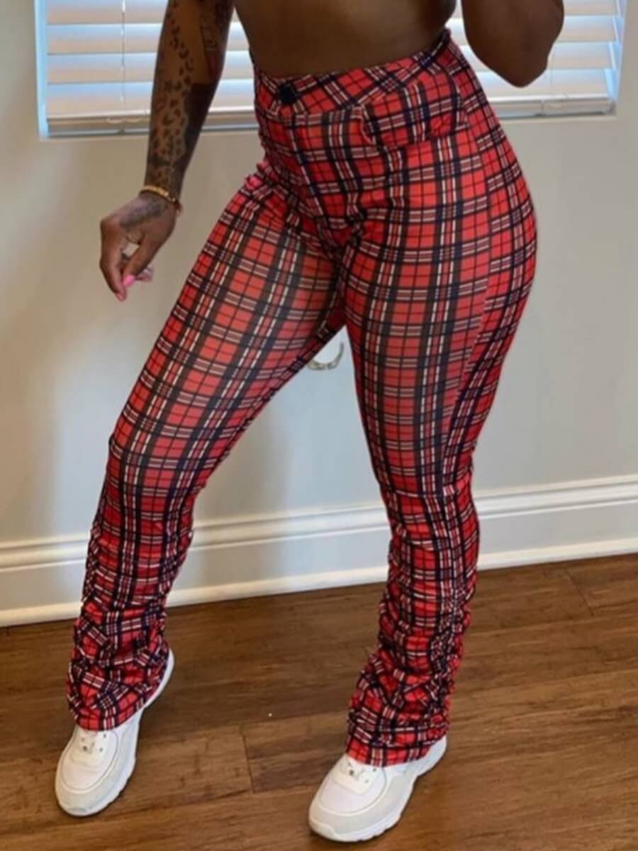 

Lovely Trendy Plaid Print Patchwork Fold Design Wine Red Pants