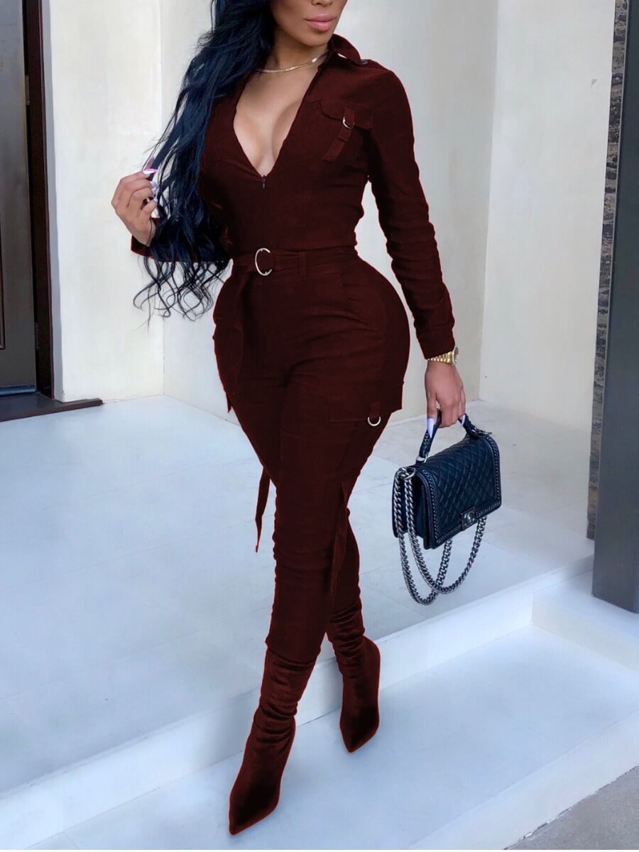 

Lovely Casual V Neck Basic Red One-piece Jumpsuit(With Belt