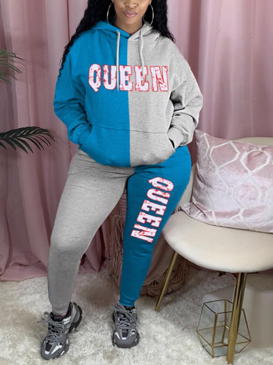 

Lovely Street Letter Print Patchwork Blue Plus Size Two-piece Pants Set
