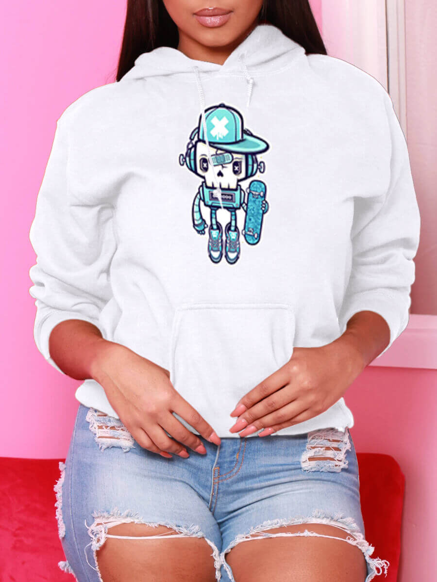 

Lovely Casual Hooded Collar Print White Plus Size Hoodie