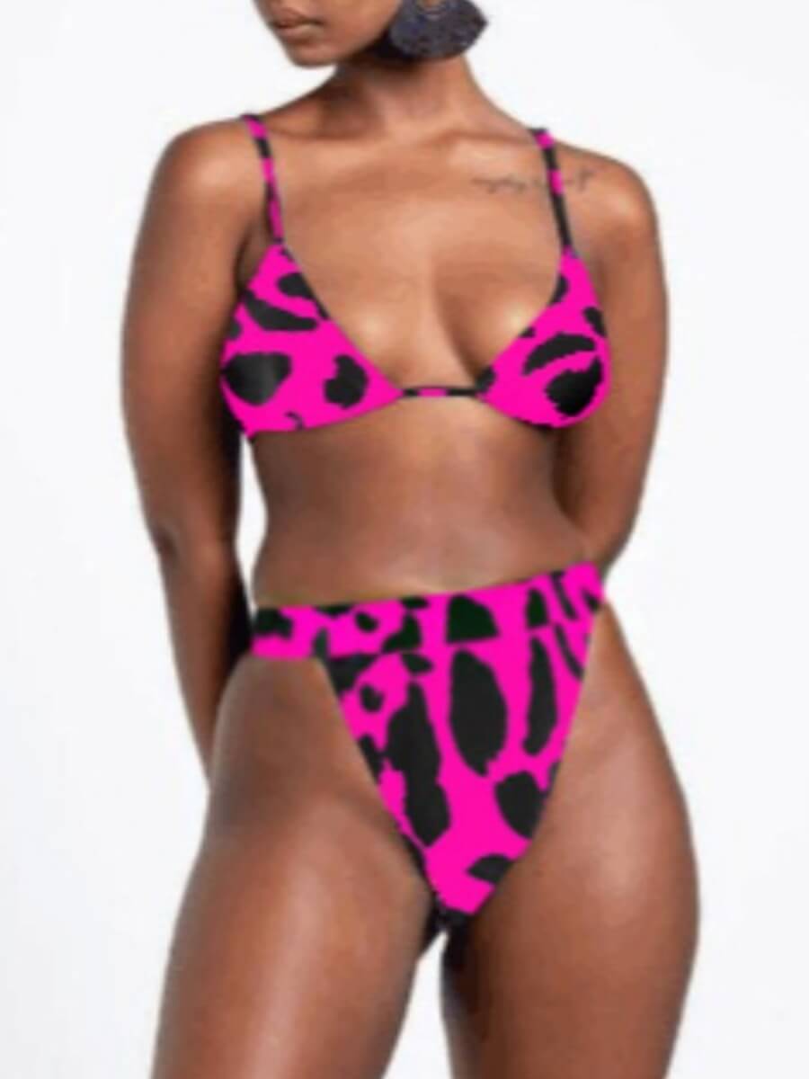 

Lovely Sexy Leopard Print Lace-up Rose Red Two-piece Swimsuit