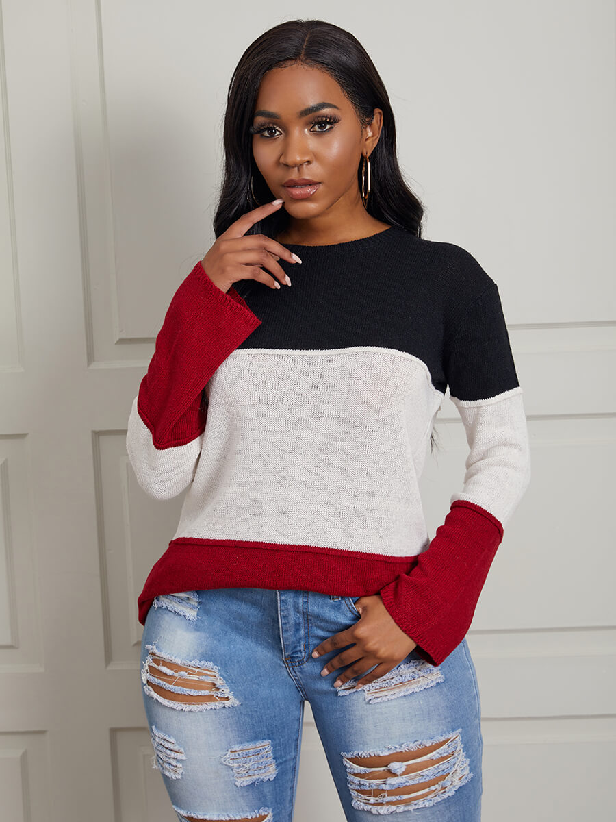 

Lovely Casual O Neck Color-lump Stitching Multicolor Sweater, Multi