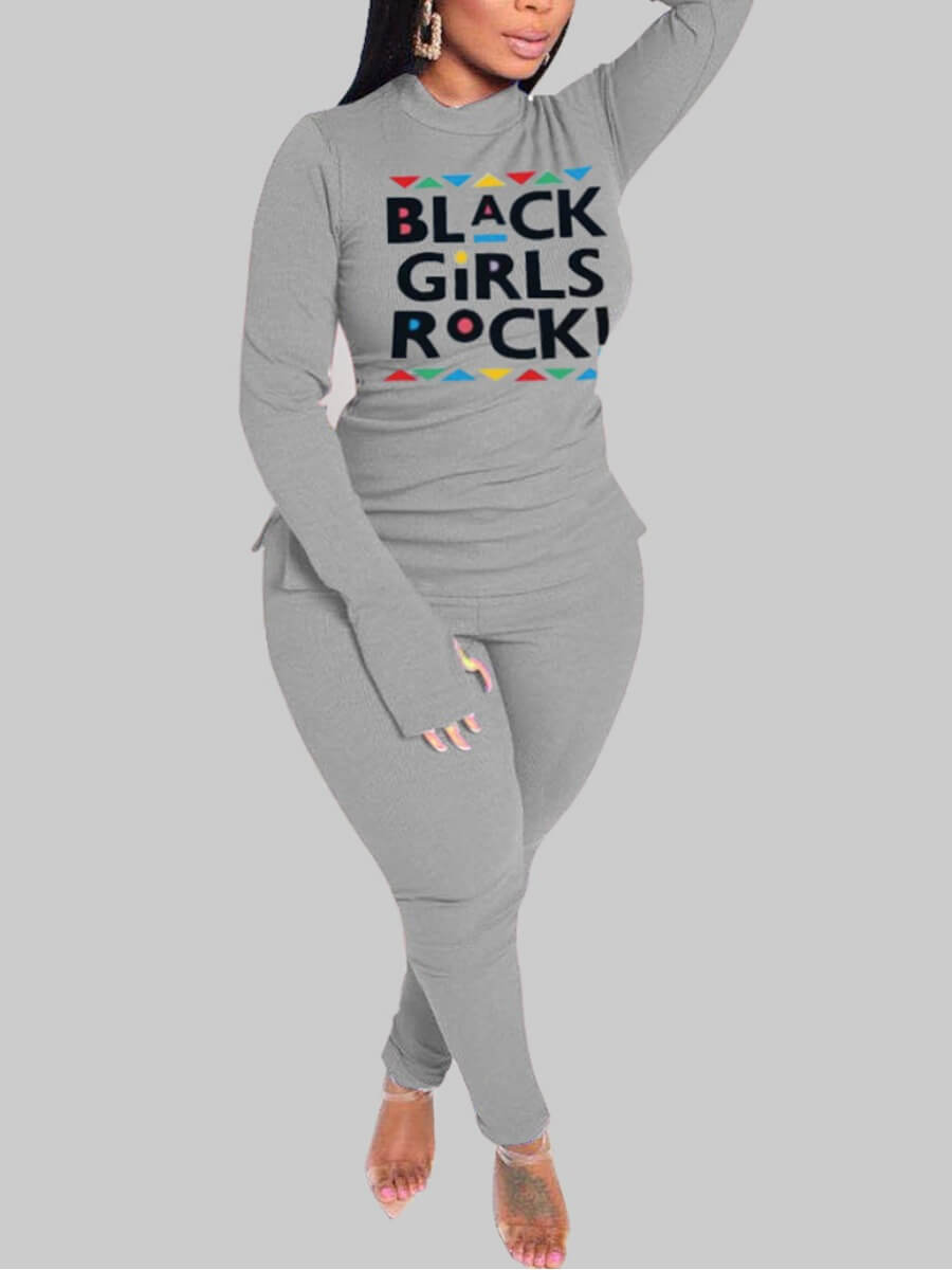 

LW Plus Size Turtleneck Letter Print Grey Pants Set