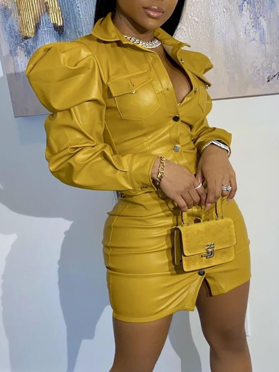 

Lovely Casual Fold Button Design Yellow Mini Shirt Dress