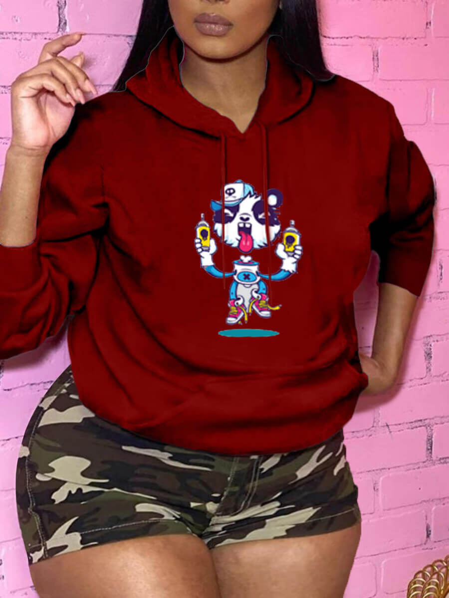 

Lovely Casual Hooded Collar Print Red Plus Size Hoodie