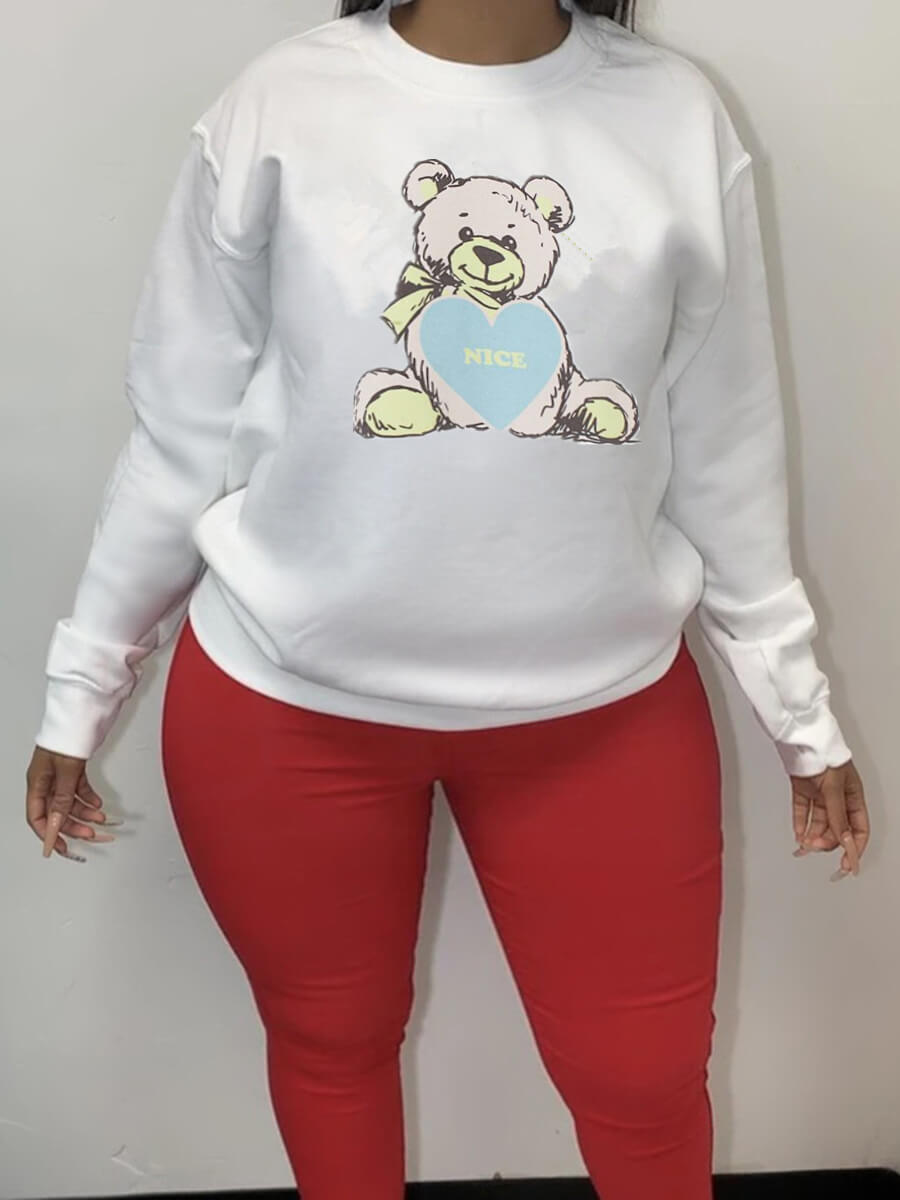 

Lovely Casual O Neck Cartoon Print White Plus Size Hoodie