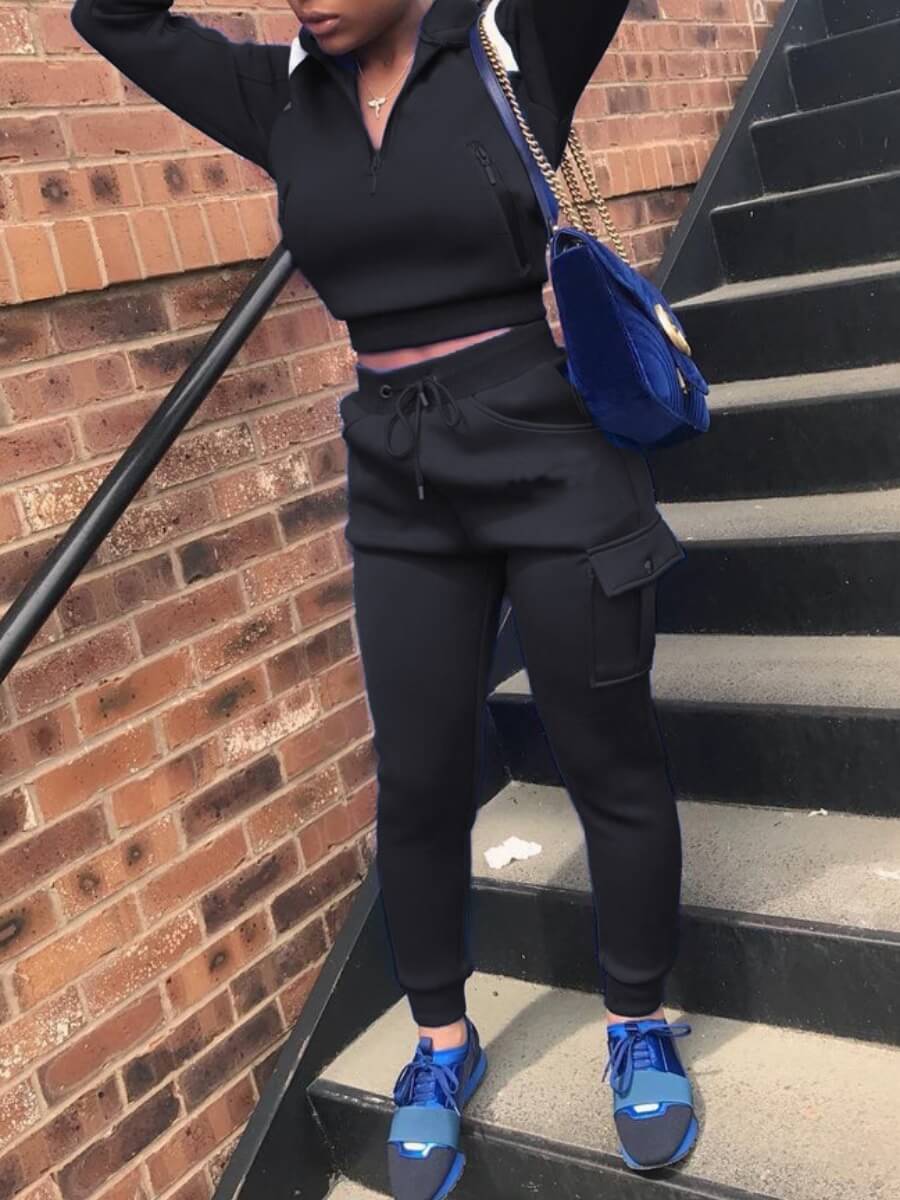 

Lovely Sportswear Turndown Collar Black Two Piece Pants Set