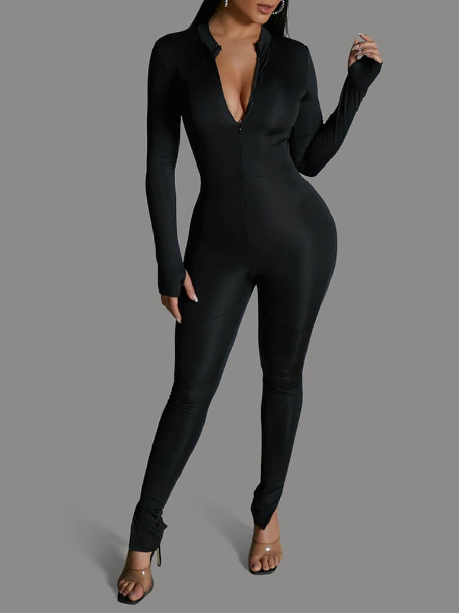 

Lovely Casual Mandarin Collar Skinny Black One-piece Jumpsuit