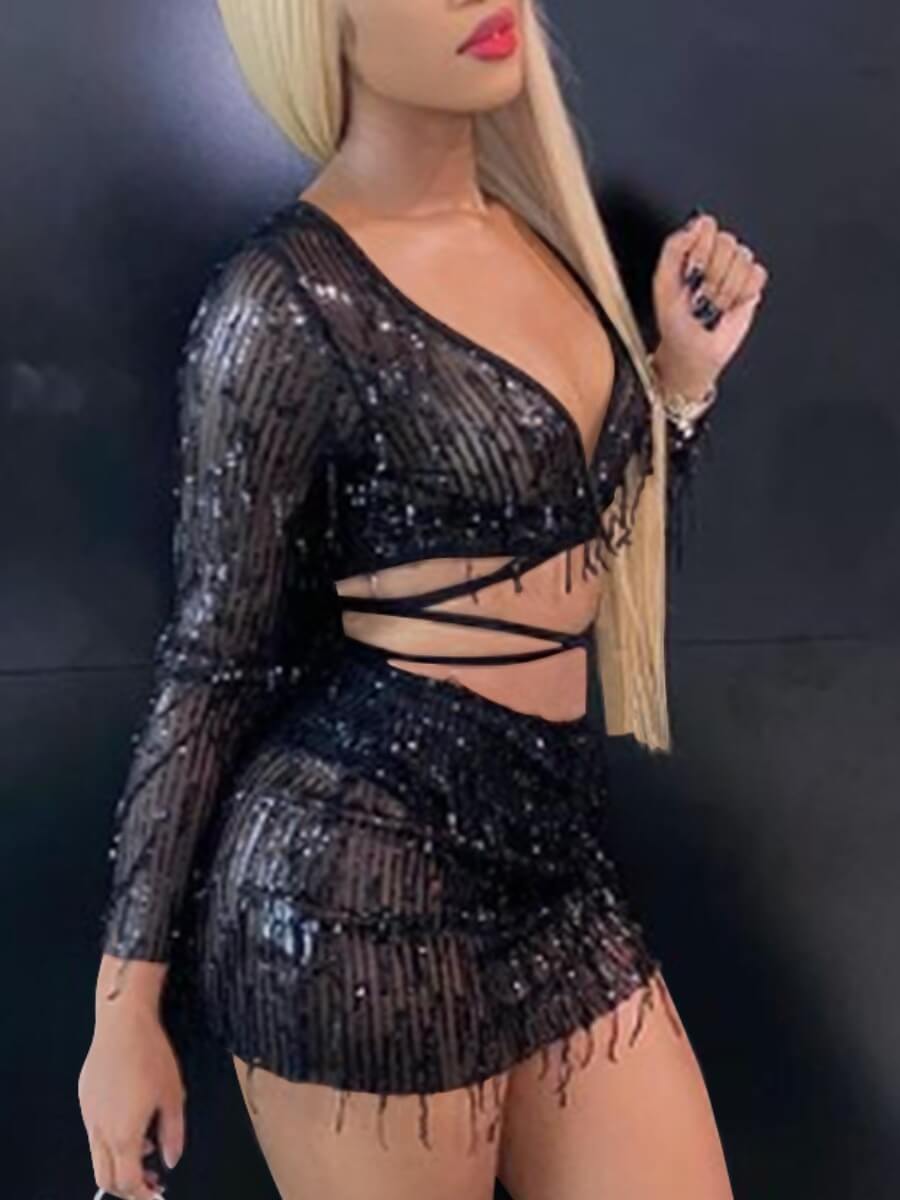 

Lovely Sexy V Neck Sequined See-through Bandage Black Two Piece Skirt Set