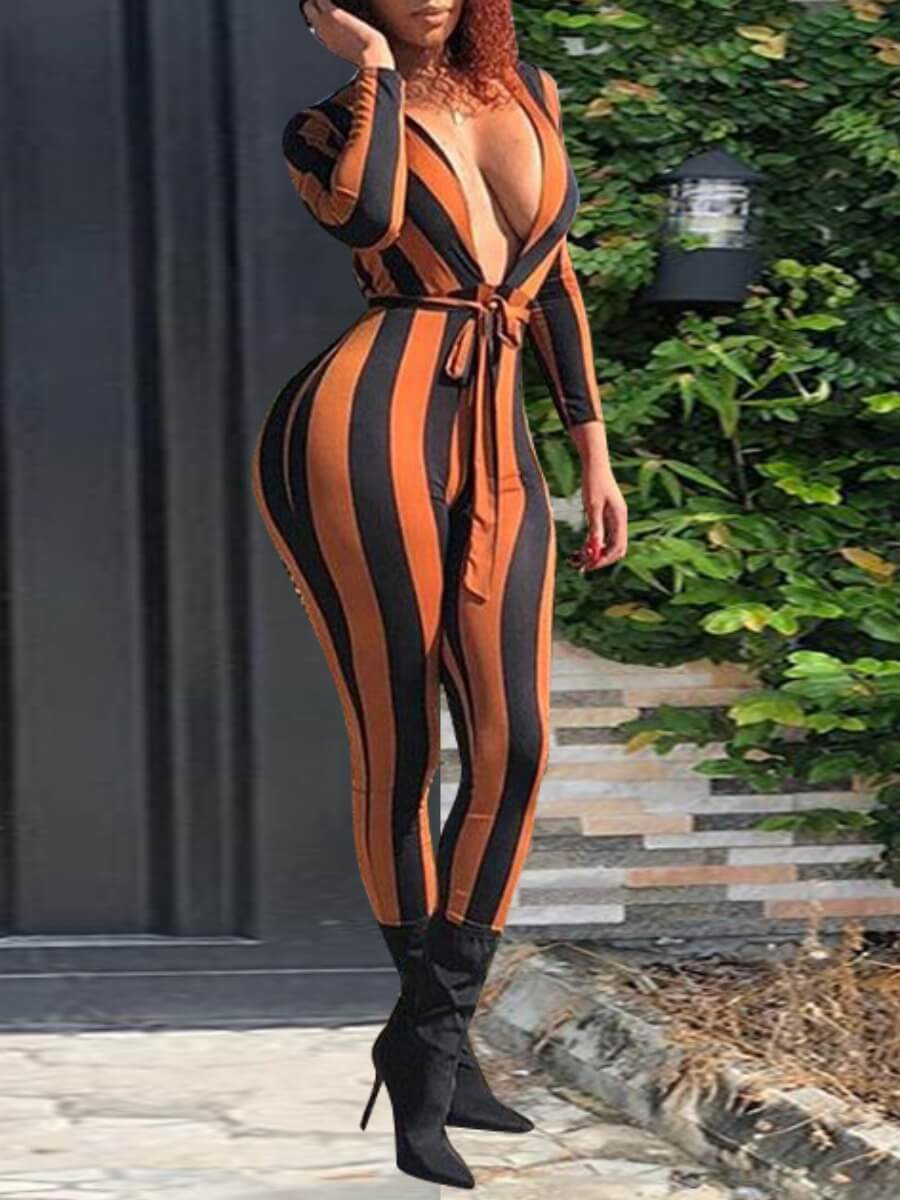 

Lovely Sexy V Neck Striped Lace-up Black one-piece Jumpsuit