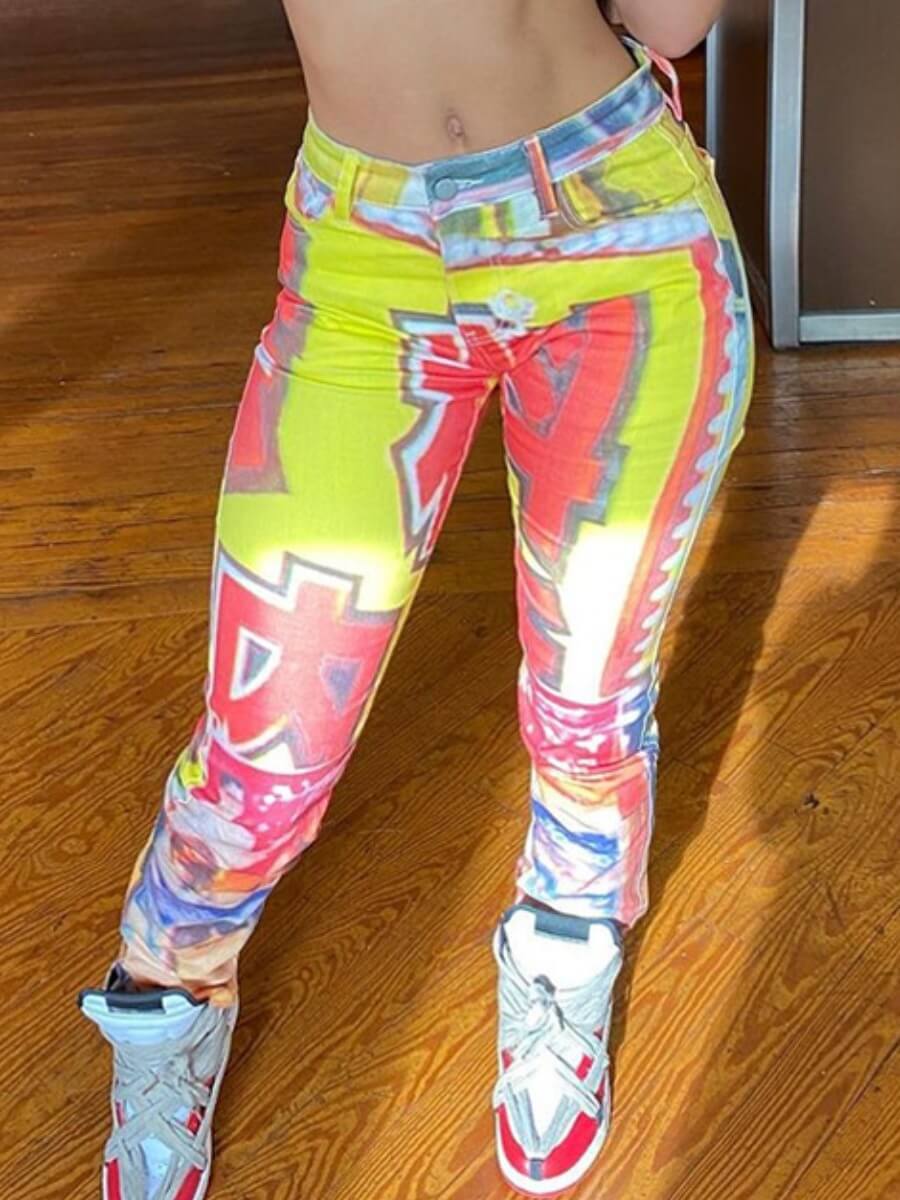 

Lovely Street Mid Waist Print Multicolor Pants, Multi
