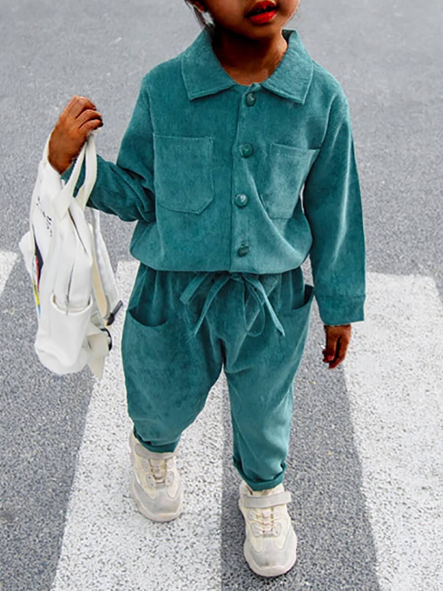 

Lovely Casual Turndown Collar Button Design Green Girl Two Piece Pants Set
