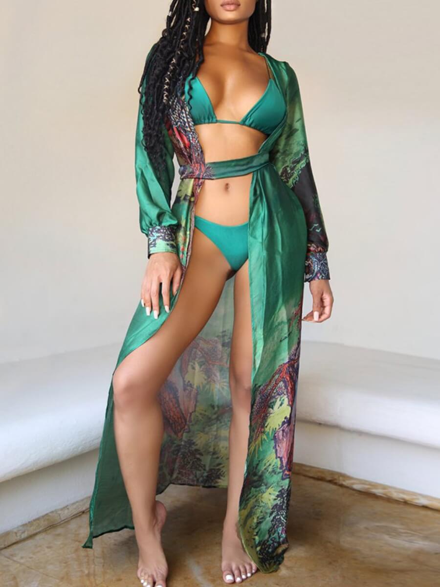 

Lovely Sexy Print Hollow-out Green Three-piece Swimsuit