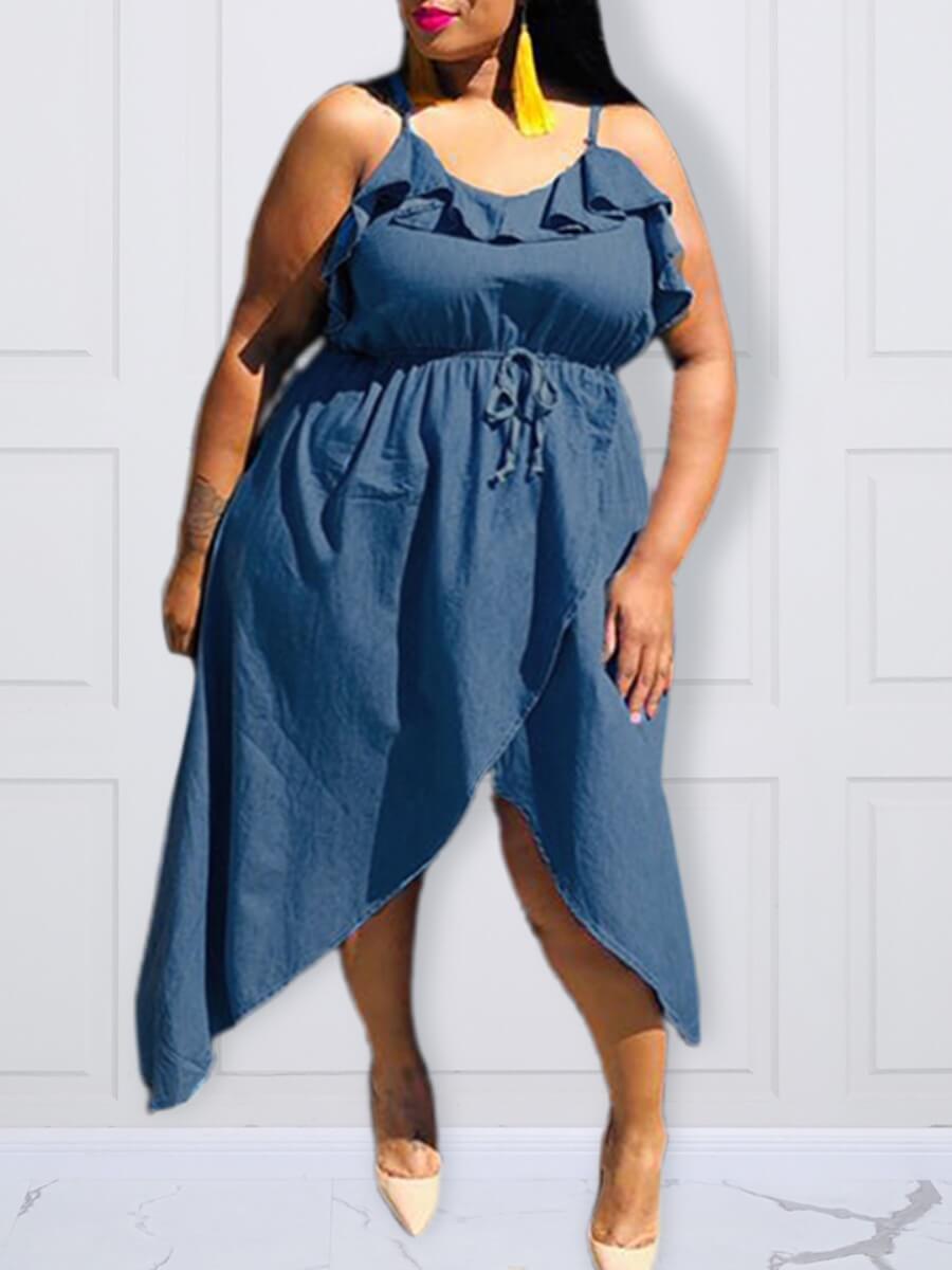 

Lovely Sweet Spaghetti Strap Ruffle Asymmetrical Blue Floor Length Plus Size Denim Dress